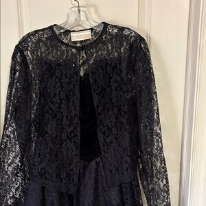 Vintage Gunne Sax 2 pce Black velvet strapless dress w/ long sleeve lace jacket